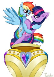 Size: 2480x3507 | Tagged: safe, alternate version, artist:twidasher, rainbow dash, twilight sparkle, pegasus, pony, unicorn, g4, dancing, duo, female, high res, lesbian, looking at each other, miniature, ship:twidash, shipping, signature, simple background, transparent background, unicorn twilight