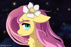 Size: 4096x2731 | Tagged: safe, artist:symbianl, fluttershy, firefly (insect), insect, pegasus, pony, g4, bust, chest fluff, cute, female, floppy ears, flower, flower in hair, folded wings, high res, looking at you, mare, night, outdoors, portrait, profile, shyabetes, solo, stray strand, windswept mane, wings