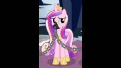Size: 750x421 | Tagged: safe, edit, edited screencap, screencap, princess cadance, g4, the beginning of the end, animated, chains, gag, muzzle gag, stomping