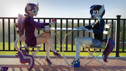 Size: 3840x2160 | Tagged: safe, artist:shadowboltsfm, oc, oc:maple cake, oc:shimmering spectacle, alicorn, anthro, plantigrade anthro, 3d, 4k, blender, clothes, coat markings, cottagecore, cupcake, cute, dress, duo, duo female, facial markings, feet, female, food, high heels, high res, kenaga's birthday, looking at each other, magical lesbian spawn, magical threesome spawn, nail polish, not sfm, open-toed shoes, shoes, shorts, sitting, smiling, socks (coat markings), star (coat marking), table, toenail polish, wedge heel