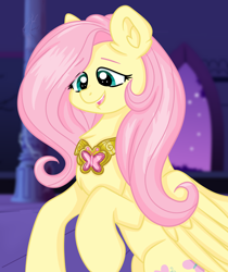 Size: 2254x2678 | Tagged: safe, artist:dreamy990, fluttershy, pegasus, pony, friendship is magic, g4, cute, ear fluff, element of kindness, female, folded wings, high res, looking at something, looking down, mare, open mouth, shyabetes, smiling, solo, three quarter view, wings