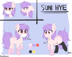 Size: 3500x2800 | Tagged: safe, artist:drawalaverr, oc, oc only, oc:suni hye, earth pony, pony, bell, clothes, expressions, female, high res, jewelry, mare, mask, necklace, quadrupedal, reference sheet, simple background, smiling, socks, solo
