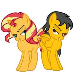 Size: 1266x1239 | Tagged: safe, artist:gmaplay, sunset shimmer, oc, oc:saint rider, pegasus, pony, unicorn, g4, butt bump, butt to butt, butt touch, flank, hip, rule 63, simple background, transparent background