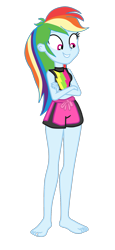 Size: 763x1656 | Tagged: safe, alternate version, artist:gmaplay, rainbow dash, equestria girls, g4, barefoot, clothes, crossed arms, feet, hatless, looking down, missing accessory, simple background, solo, swimsuit, transparent background, vector