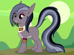 Size: 2756x2053 | Tagged: safe, artist:badumsquish, derpibooru exclusive, oc, oc only, hybrid, monster pony, pony, blank flank, bracelet, eyebrows, eyeshadow, female, fortress of talacon, green sclera, green sky, grin, high res, interspecies offspring, jewelry, lidded eyes, long tail, looking at you, makeup, mare, mountain, neckerchief, offspring, parent:ahuizotl, parent:daring do, parents:darizotl, pointed ears, prehensile tail, sharp teeth, sky, smiling, smirk, solo, sun, tail hand, teeth