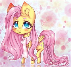 Size: 2445x2300 | Tagged: safe, artist:zefirka, fluttershy, pegasus, pony, g4, :t, abstract background, blushing, bow, braid, clothes, cute, ear fluff, female, folded wings, high res, looking at you, mare, raised leg, scarf, shyabetes, solo, standing, tail bow, three quarter view, wings