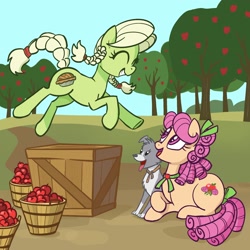 Size: 2048x2048 | Tagged: safe, artist:pfeffaroo, apple rose, granny smith, dog, earth pony, pony, g4, apple, apple tree, basket, bolo tie, bow, braid, bushel basket, crate, cute, duo, eyes closed, female, food, hair bow, happy, high res, jumping, looking at someone, looking up, lying down, mare, midair, open mouth, outdoors, prone, sitting, smiling, sweet apple acres, tail bow, tree, young apple rose, young granny smith, younger