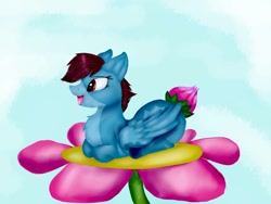 Size: 1080x810 | Tagged: safe, artist:rxndxm.artist, oc, oc only, original species, plant pony, pony, augmented tail, flower, lying down, micro, open mouth, plant, prone, smiling, solo