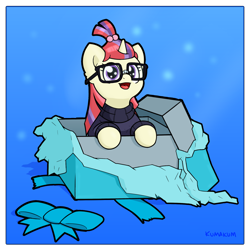 Size: 1900x1900 | Tagged: safe, artist:kumakum, moondancer, pony, unicorn, bow, box, clothes, cute, dancerbetes, female, glasses, happy, mare, pony in a box, present, smiling, solo, sweater, weapons-grade cute