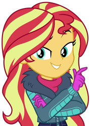 Size: 2028x2856 | Tagged: safe, artist:sketchmcreations, sunset shimmer, equestria girls, equestria girls series, g4, holidays unwrapped, winter break-in, spoiler:eqg series (season 2), clothes, coat, crossed arms, female, gloves, high res, raised arm, raised eyebrow, simple background, smiling, solo, transparent background, vector, winter outfit