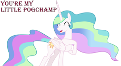 Size: 10555x5800 | Tagged: safe, artist:laszlvfx, edit, vector edit, princess celestia, alicorn, pony, g4, absurd resolution, accessory-less edit, cute, cutelestia, eyes closed, female, happy, mare, missing accessory, open mouth, open smile, pogchamp, pointing, simple background, smiling, solo, text, transparent background, vector