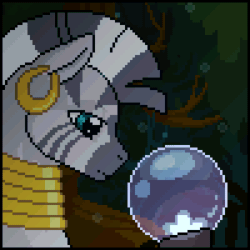 Size: 300x300 | Tagged: safe, artist:imreer, zecora, zebra, g4, animated, bust, commission, crystal ball, ear piercing, earring, gif, hoof hold, jewelry, neck rings, outdoors, piercing, pixel art, tree, ych result