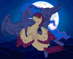 Size: 1000x802 | Tagged: safe, artist:imreer, princess luna, oc, alicorn, pegasus, pony, g4, animated, commission, ethereal mane, female, flying, full moon, glowing eyes, jewelry, looking at each other, mare, missing accessory, moon, night, pegasus oc, spread wings, starry mane, starry night, tiara, two toned wings, wings, ych result