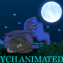 Size: 400x400 | Tagged: safe, artist:imreer, oc, alicorn, firefly (insect), insect, pegasus, pony, animated, blinking, commission, duo, ethereal mane, female, full moon, gif, lying down, mare, moon, night, outdoors, pegasus oc, pixel art, prone, starry mane, stars, wings, your character here