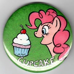 Size: 451x451 | Tagged: safe, artist:hollyann, pinkie pie, earth pony, pony, g4, badge, bust, cupcake, female, food, mare, open mouth, smiling, solo, traditional art