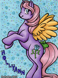 Size: 374x498 | Tagged: safe, artist:hollyann, oc, oc only, alicorn, pony, abstract background, alicorn oc, bow, female, flower, horn, mare, rearing, rose, signature, smiling, solo, tail bow, traditional art, wings