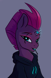 Size: 1172x1800 | Tagged: dead source, safe, artist:tanatos, tempest shadow, pony, unicorn, g4, broken horn, bust, candy, clothes, eye scar, female, food, glowing horn, gray background, hoodie, horn, lollipop, looking at you, mare, mouth hold, portrait, scar, simple background, solo, three quarter view