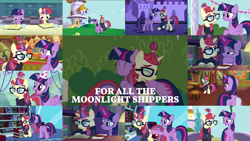 Size: 1974x1111 | Tagged: safe, edit, edited screencap, editor:quoterific, screencap, moondancer, twilight sparkle, alicorn, pony, unicorn, amending fences, g4, the point of no return, bag, book, bookshelf, clothes, crying, female, filly, filly moondancer, filly twilight sparkle, glasses, glowing horn, hat, hoof on chest, horn, hug, lesbian, magic, magic aura, moondancer is not amused, open mouth, party hat, quill, saddle bag, ship:twidancer, shipping, sweater, the tasty treat, twilight sparkle (alicorn), twilight's canterlot home, unamused, unicorn twilight, younger
