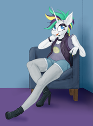 Size: 1279x1716 | Tagged: safe, artist:sixes&sevens, rarity, unicorn, anthro, g4, alternate hairstyle, boots, chair, choker, female, fishnet stockings, high heel boots, punk, raripunk, shoes, sitting, solo