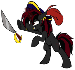 Size: 4389x4086 | Tagged: safe, artist:adilord, oc, oc only, oc:yashn, pony, unicorn, bipedal, ear piercing, gold tooth, grin, hat, magic, male, piercing, pirate, pirate hat, raised hoof, simple background, smiling, solo, stallion, sword, telekinesis, transparent background, weapon