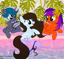 Size: 4600x4200 | Tagged: safe, artist:iceowl, oc, oc only, oc:elizabat stormfeather, oc:jade harmony, oc:krissy, alicorn, bat pony, bat pony alicorn, pegasus, pony, alicorn oc, bat pony oc, bat wings, bikini, bikini bottom, butt, clothes, commission, featureless crotch, female, horn, lying down, mare, open mouth, plot, prone, spa, swimming, swimming pool, swimsuit, trio, water, wings, ych result