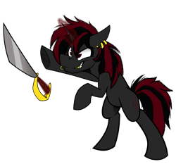 Size: 4389x4086 | Tagged: safe, artist:adilord, oc, oc only, oc:yashn, pony, unicorn, bipedal, ear piercing, gold tooth, grin, magic, male, piercing, pirate, raised hoof, simple background, smiling, solo, stallion, sword, telekinesis, transparent background, weapon
