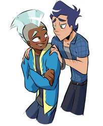 Size: 802x985 | Tagged: safe, artist:heyerika, soarin', thunderlane, human, g4, arm hair, belt, blushing, button-up shirt, clothes, dark skin, eye contact, gay, hands on shoulder, hoodie, human male, humanized, light skin, looking at each other, looking at someone, male, pants, shipping, shirt, simple background, soarilane, white background, wonderbolts hoodie