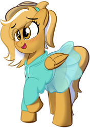 Size: 1480x2100 | Tagged: safe, artist:potato22, oc, oc only, oc:mareota, pegasus, pony, 2021 community collab, derpibooru community collaboration, blushing, clothes, female, hairband, hat, hoodie, mare, open mouth, ponytail, simple background, skirt, smiling, solo, transparent background, transparent skirt