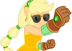 Size: 4469x3178 | Tagged: safe, artist:sketchmcreations, applejack, equestria girls, equestria girls series, g4, holidays unwrapped, winter break-in, spoiler:eqg series (season 2), aviator sunglasses, clothes, crystal guardian, dress, female, fist, gloves, glowing, gold, looking at you, ponied up, simple background, smiling, solo, sunglasses, transformation, transparent background, vector