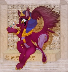 Size: 1024x1077 | Tagged: safe, artist:redi, somnambula, the sphinx, pegasus, pony, sphinx, g4, duo, egyptian, egyptian headdress, egyptian pony, hieroglyphics, holding a pony, in goliath's palm, macro, micro, size difference