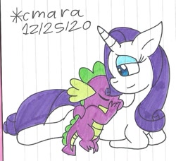 Size: 865x789 | Tagged: safe, artist:cmara, rarity, spike, dragon, pony, unicorn, g4, eyes closed, eyeshadow, female, hug, lying down, makeup, male, mare, prone, ship:sparity, shipping, simple background, straight, traditional art, white background