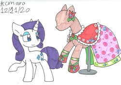 Size: 1323x932 | Tagged: safe, artist:cmara, pony, unicorn, g4, clothes, dress, eyeshadow, female, hoof shoes, makeup, mannequin, mare, raised hoof, simple background, solo, traditional art, white background