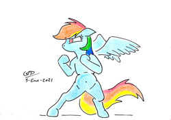Size: 1024x716 | Tagged: safe, artist:gafelpoez, rainbow dash, pony, g4, belly button, bipedal, fighting stance, signature, solo