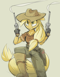 Size: 1152x1470 | Tagged: safe, artist:ikarooz, applejack, earth pony, anthro, g4, boots, clothes, cowboy hat, gun, handgun, hat, holster, pants, revolver, shirt, shoes, simple background, smiling, smoking gun, solo, weapon