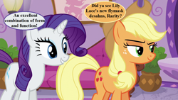 Size: 1280x720 | Tagged: safe, edit, edited screencap, editor:korora, screencap, applejack, rarity, applejack's "day" off, g4, applejack's hat, couch, cowboy hat, dialogue, hat, implied lily lace, ponyville spa, potted plant, speech bubble