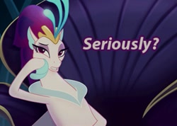 Size: 713x508 | Tagged: safe, edit, edited screencap, screencap, queen novo, seapony (g4), g4, my little pony: the movie, bored, caption, crown, eyelashes, female, fin wings, fins, image macro, jewelry, ocean, purple eyes, queen, queen novo is not amused, raised eyebrow, reaction image, regalia, seaquestria, seriously, solo, teeth, text, throne, underwater, water, wings