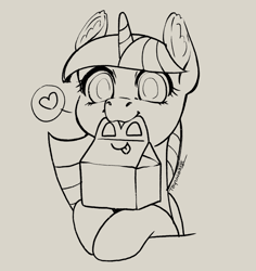 Size: 2048x2167 | Tagged: safe, artist:taytinabelle, twilight sparkle, alicorn, pony, g4, black and white, burger, cute, ear fluff, female, food, happy, happy meal, heart, high res, lineart, looking at you, mare, mcdonald's, monochrome, mouth hold, pictogram, simple background, solo, that pony sure does love burgers, thought bubble, twiabetes, twilight burgkle, twilight sparkle (alicorn), white background