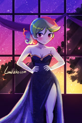 Size: 750x1125 | Tagged: safe, artist:lumineko, rainbow dash, equestria girls, g4, adorasexy, alternate hairstyle, bare shoulders, beautiful, beautiful eyes, beautiful hair, blushing, breasts, cleavage, clothes, colored pupils, cute, dashabetes, dress, evening, evening gown, eyebrows, eyebrows visible through hair, eyeshadow, female, hand on hip, legs, looking at you, makeup, multicolored hair, ponytail, rainbow dash always dresses in style, sexy, shiny, shiny eyes, shiny hair, side slit, sleeveless, solo, stars, strapless, stupid sexy rainbow dash, window, woman
