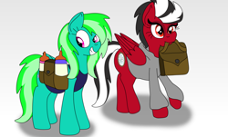 Size: 1280x771 | Tagged: safe, artist:small-brooke1998, oc, oc:starshine twinkle, pegasus, pony, baby bottle, bag, clothes, diaper bag, diaper fetish, duo, duo female, female, fetish, foal bottle, grin, hoodie, mouth hold, ponified, saddle bag, shatter (transformers), shirt, smiling, transformers