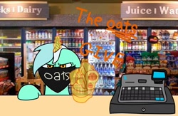 Size: 1528x997 | Tagged: safe, artist:melodysketch, lyra heartstrings, pony, unicorn, g4, cash register, food, gas station, gun, l.u.l.s., magic, magic weapon, needs more jpeg, oats, offscreen character, pov, robbery, solo, stealing, that pony sure does love oats, threat, weapon