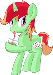 Size: 1013x1428 | Tagged: safe, artist:notadeliciouspotato, oc, oc only, oc:jonin, pony, unicorn, hoof hold, horn, iced coffee, looking at you, male, simple background, sipping, smiling, solo, stallion, straw, transparent background