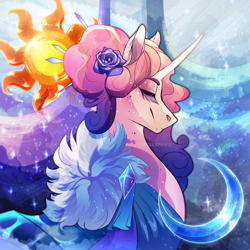 Size: 2500x2500 | Tagged: safe, artist:burgerpaws, princess amore, pony, unicorn, g4, alternate universe, beautiful, clothes, coat, colored pupils, crystal empire, curly hair, dress, eyebrows, eyebrows visible through hair, eyelashes, eyes closed, female, flower, flower in hair, gem, high res, horn, jewelry, mare, moon, multicolored hair, regalia, shiny, side view, smiling, solo, stars, sun