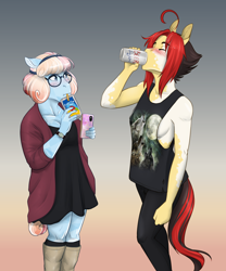Size: 2074x2497 | Tagged: safe, artist:askbubblelee, oc, oc only, oc:crayola, oc:spellbind, earth pony, anthro, unguligrade anthro, alcohol, anthro oc, beer, beer can, breasts, capri sun, cleavage, clothes, digital art, duo, earth pony oc, eyes closed, female, glasses, gradient background, high res, juice, mare, sideboob, three wolf moon