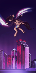 Size: 632x1264 | Tagged: safe, artist:hagalazka, oc, oc only, oc:crisom chin, pegasus, pony, building, city, cityscape, clothes, commission, flying, night, pose, sky, solo, spread wings, sweater, unshorn fetlocks, wings, ych result