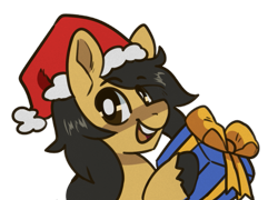 Size: 939x676 | Tagged: safe, artist:goshhhh, oc, oc only, oc:crisom chin, pegasus, pony, christmas, commission, happy, hat, holiday, present, ribbon, santa hat, simple background, solo, transparent background, unshorn fetlocks, white pupils, ych result