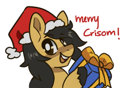Size: 938x675 | Tagged: safe, alternate version, artist:goshhhh, oc, oc only, oc:crisom chin, pegasus, pony, christmas, commission, happy, hat, holiday, present, ribbon, santa hat, simple background, solo, text, transparent background, unshorn fetlocks, white pupils, ych result