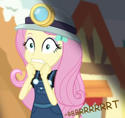 Size: 728x683 | Tagged: safe, artist:thedarkpony, edit, edited screencap, screencap, fluttershy, equestria girls, equestria girls series, g4, opening night, accident, clothes, fart, female, fetish, implied messing, implied pooping, implied scat, implied sharting, onomatopoeia, overalls, pantypoop, scared, stage fright