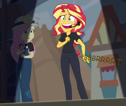 Size: 846x713 | Tagged: safe, edit, edited screencap, editor:thedarkpony, screencap, fluttershy, sunset shimmer, equestria girls, g4, my little pony equestria girls: better together, opening night, opening night: sunset shimmer, clothes, cropped, fart, female, fetish, implied messing, implied pooping, implied scat, implied sharting, onomatopoeia, overalls, pants, pantypoop