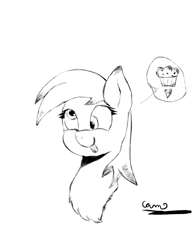 Size: 468x600 | Tagged: safe, artist:@cameron, derpy hooves, pegasus, pony, g4, bust, cute, fluffy, food, heart, lineart, muffin, portrait, smiling, solo, thinking, tongue out