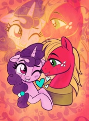Size: 1510x2048 | Tagged: safe, artist:sophie scruggs, big macintosh, sugar belle, earth pony, pony, unicorn, g4, abstract background, blushing, bust, duo, female, floating heart, floppy ears, heart, male, mare, one eye closed, ship:sugarmac, shipping, smiling, stallion, straight, zoom layer